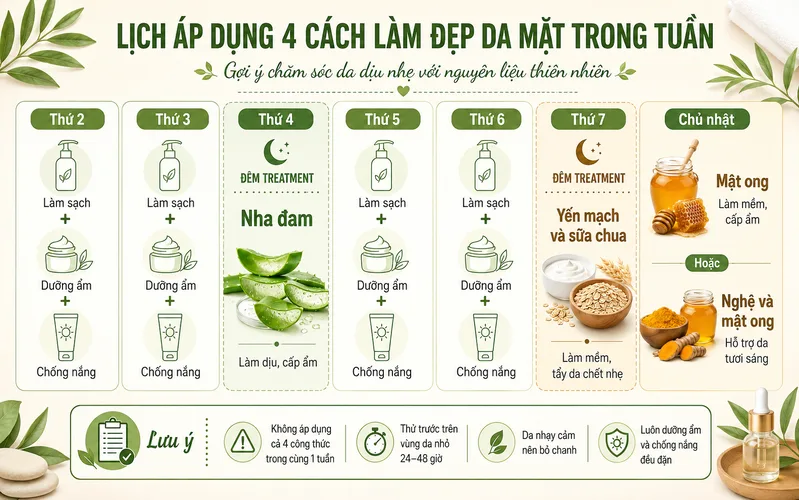 Lịch chăm sóc da đơn giản giúp hạn chế sử dụng quá nhiều mặt nạ tự nhiên trong cùng một tuần.