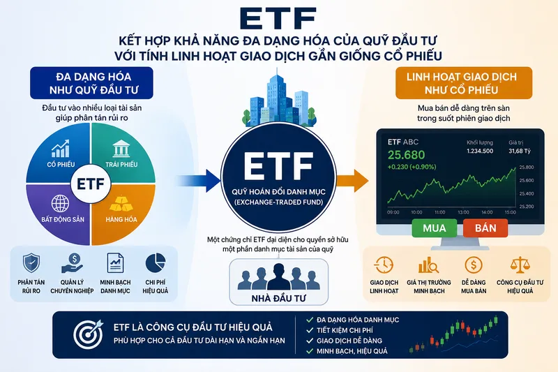 ETF kết hợp khả năng đa dạng hóa của quỹ đầu tư với tính linh hoạt giao dịch gần giống cổ phiếu