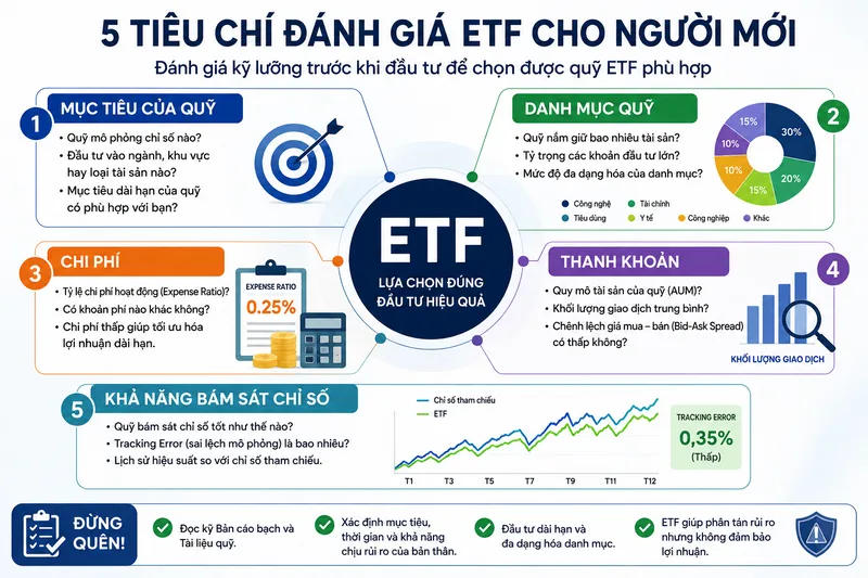 Người mới nên đánh giá mục tiêu quỹ, danh mục, chi phí, thanh khoản và khả năng bám sát chỉ số trước khi đầu tư