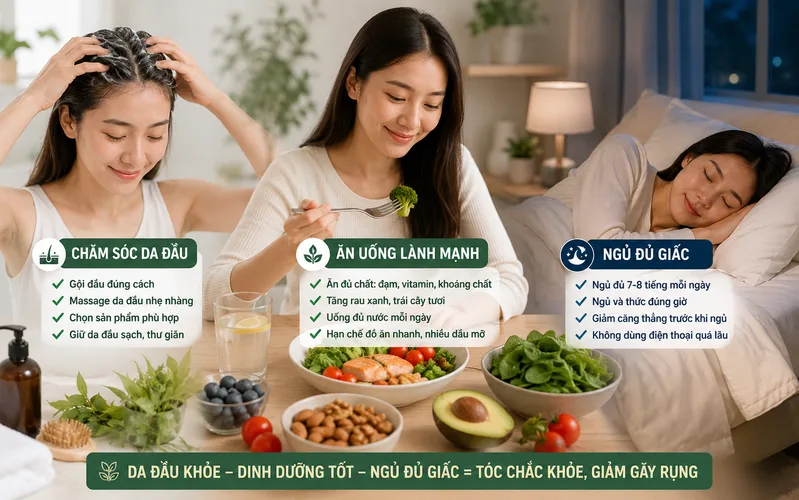 Tóc rụng nhiều phải làm sao cần bắt đầu từ chăm da đầu, dinh dưỡng và thói quen sống.