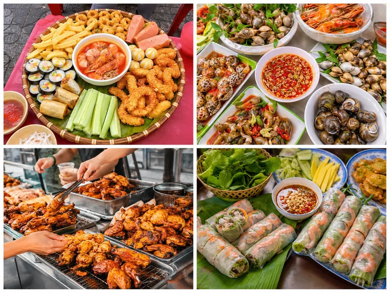 Đồ ăn đường phố Sài Gòn đa dạng từ bánh tráng, phá lấu, bột chiên đến các món xiên và đồ ăn vặt hấp dẫn.