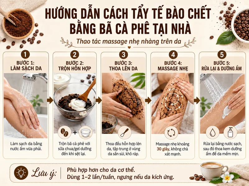 Hướng dẫn cách tẩy tế bào chết bằng bã cà phê tại nhà với thao tác massage nhẹ nhàng trên da