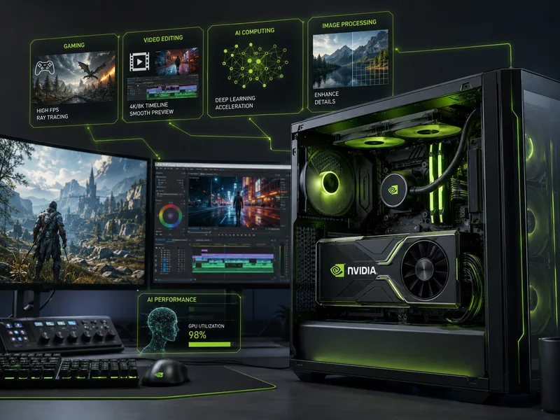 Card đồ họa Nvidia đảm nhiệm nhiều tác vụ xử lý hình ảnh, video, gaming và tính toán AI trên máy tính hiện đại.
