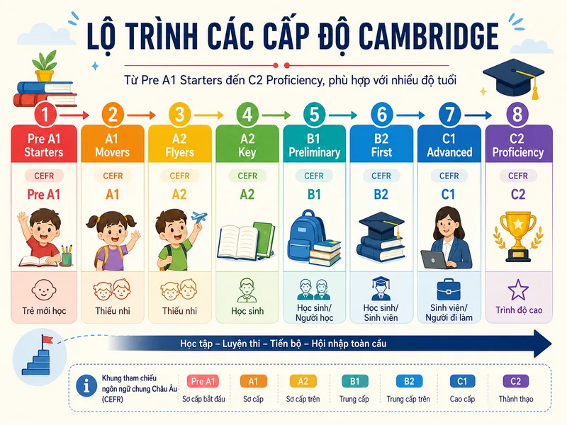 Hệ thống Cambridge gồm các cấp độ liên tục từ Pre A1 Starters đến C2 Proficiency, phù hợp với nhiều độ tuổi.