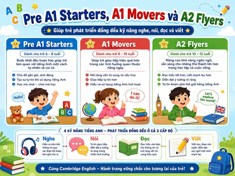 Pre A1 Starters, A1 Movers và A2 Flyers giúp trẻ phát triển đồng đều kỹ năng nghe, nói, đọc và viết.