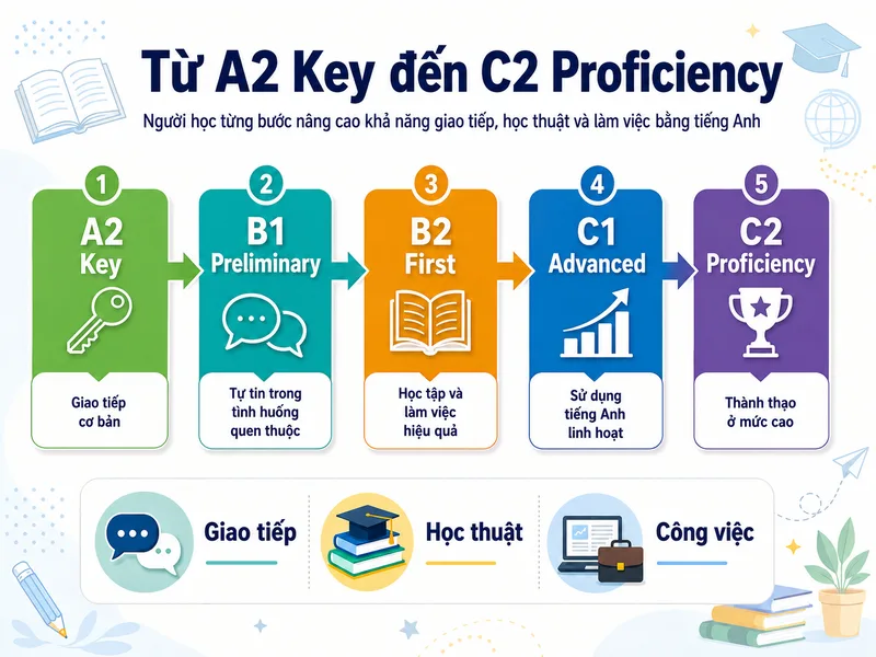 Từ A2 Key đến C2 Proficiency, người học từng bước nâng cao khả năng giao tiếp, học thuật và làm việc bằng tiếng Anh.