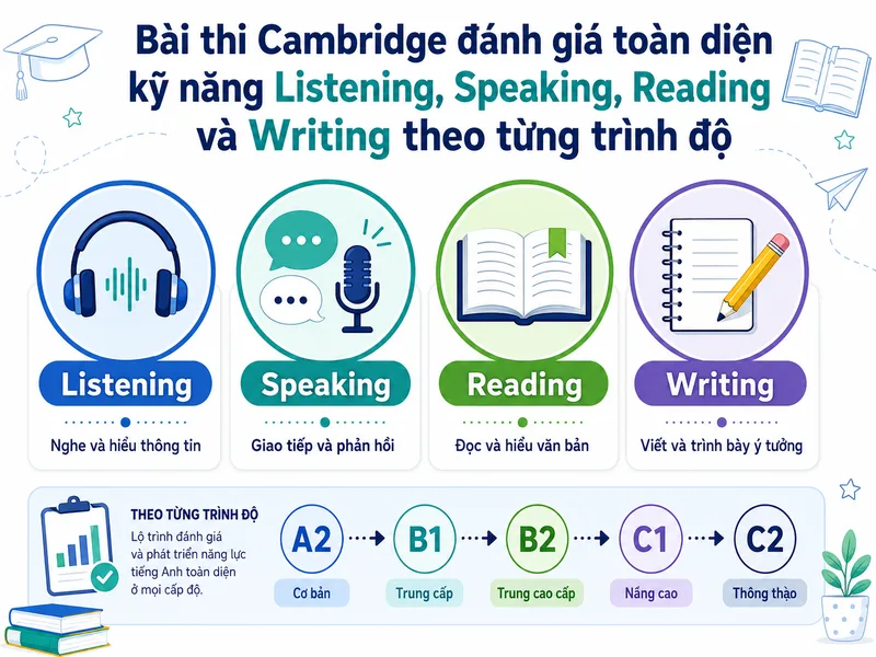 Bài thi Cambridge đánh giá toàn diện kỹ năng Listening, Speaking, Reading và Writing theo từng trình độ.