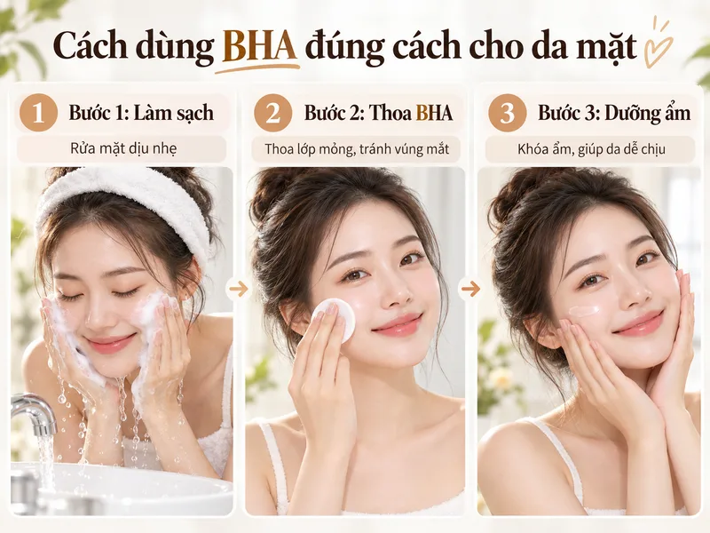 Cách dùng BHA đúng cách cho da mặt gồm làm sạch, thoa BHA và dưỡng ẩm